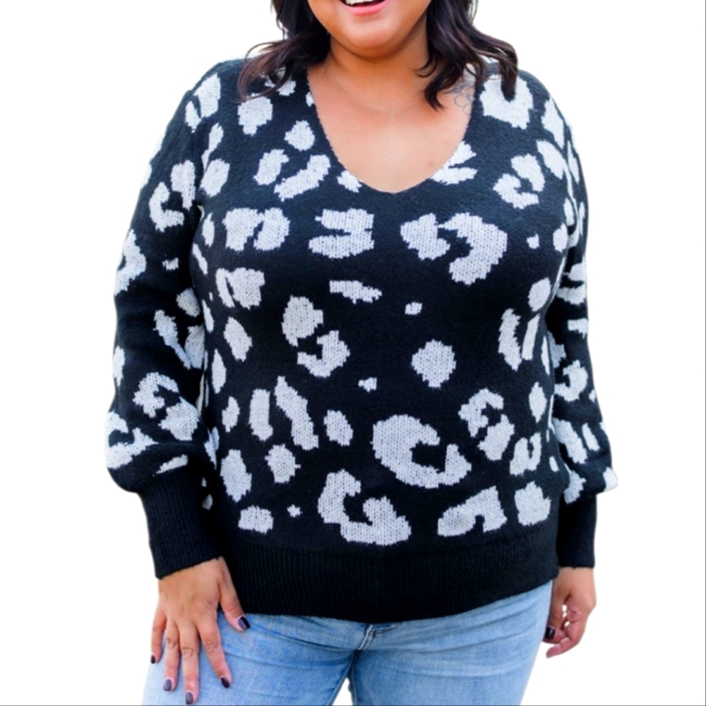 Philosophy Black leopard print puff Lantern sleeve plus‎ size sweater 2X New